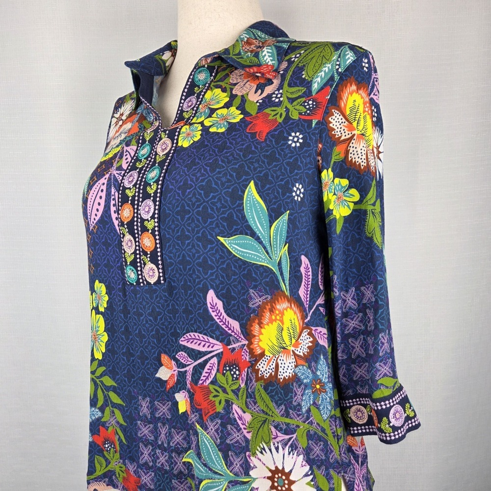 John Mark Blue Floral Embroidered Top Women's PM Colorful Boho Chic Blouse